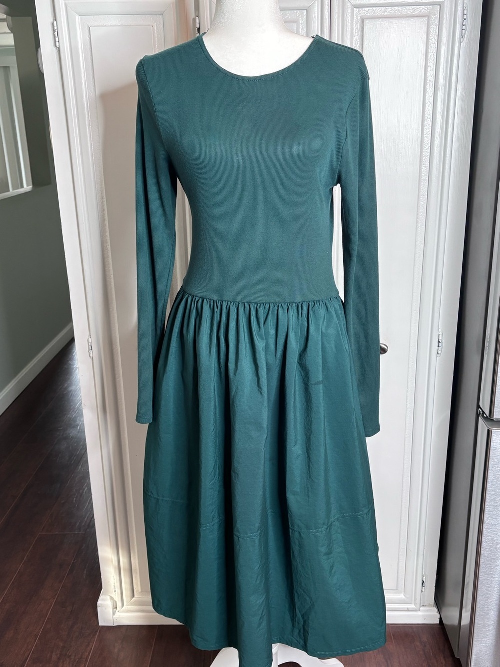 Zara Teal Long Sleeve Midi Dress with Gathered Skirt Size Large